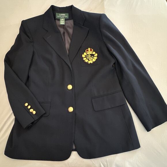 Lauren Ralph Lauren LRL Sport Coat Jacket Womens 12P Petite Embroidered Crest - Picture 1 of 16